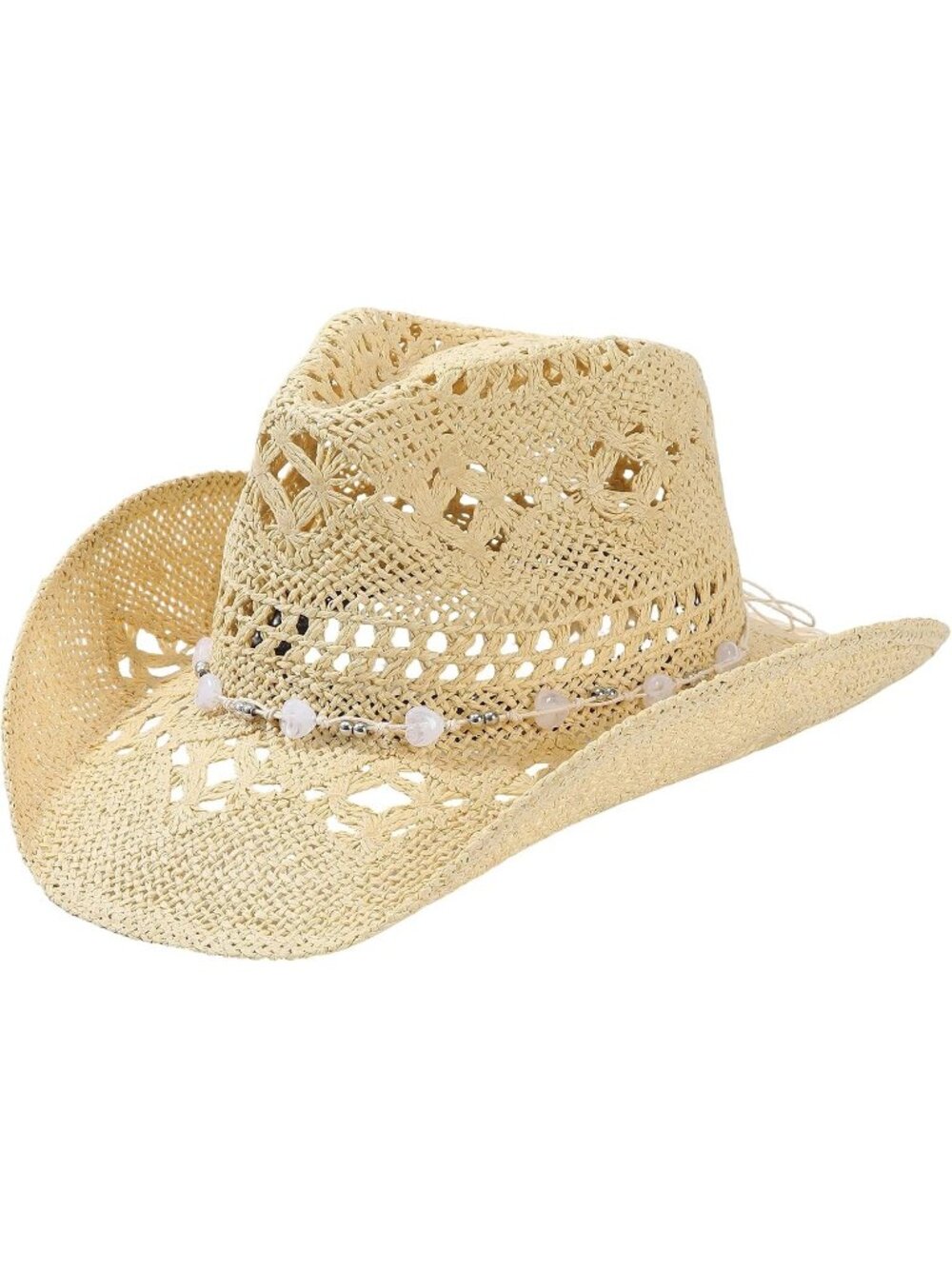 Unisex Beige Boho Beaded Band Wide Brim Breathable Western Straw Cowgirl Sun Hat